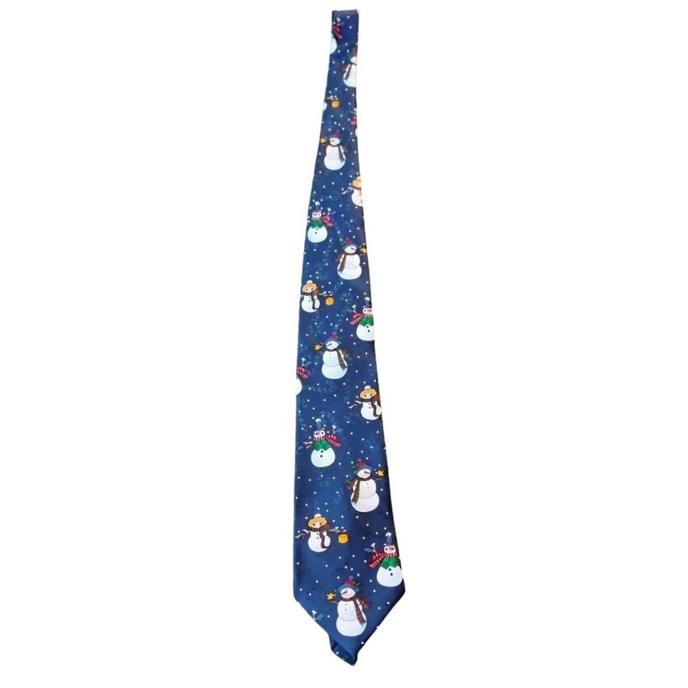 Hallmark Yule Tie Greetings Snowman Christmas Navy Blue Holiday Necktie MMG